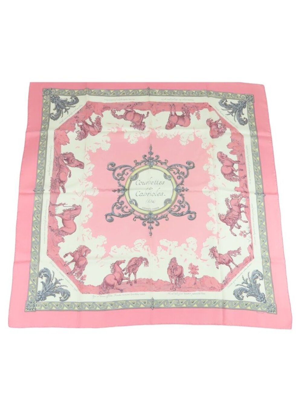 Hermes Carre 90 Courbettes et Cabrioles Silk Scarf Pink White Multicolor